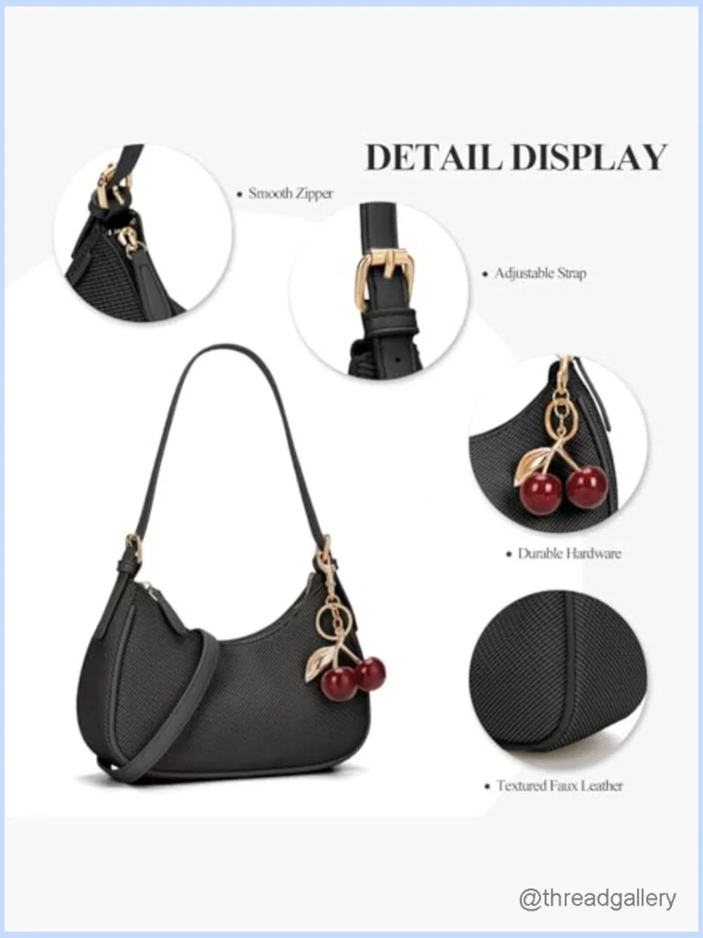 Faux Leather Crescent Crossbody Bag with Cherry Charm Zip Closure